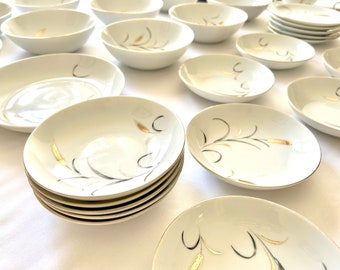 56 Pc. Set, 1960s Bone China, Correct Table Service, Eternal Harvest Gilt Gold Accent, Plates, Bowls, Cups, Saucers, Mid Century Hosting