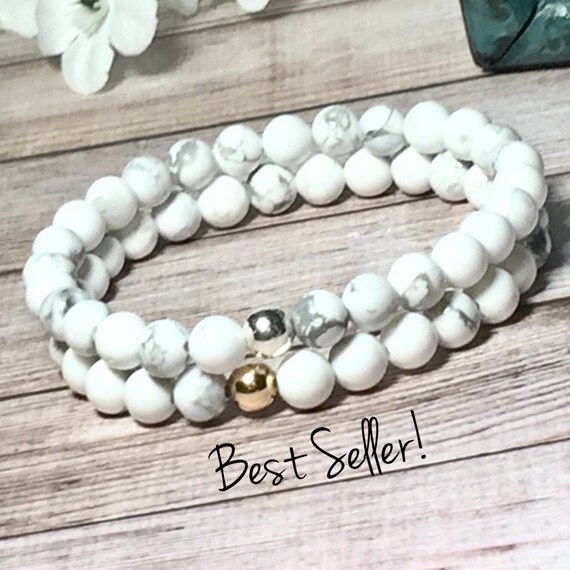 White Howlite Beaded Bracelet, Handmade Jewelry, Bead Bracelet Woman, Beaded Bracelets Women Silver Gold 6mm DreamCuff Jewelry Free Shipping