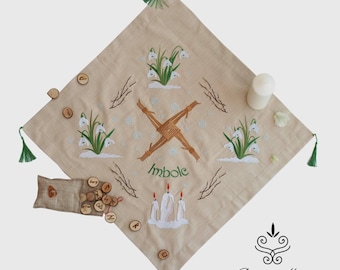 Imbolc Altar Cloth: Embroidered Brigid Cross, Snowdrops, Candles (24-26'')