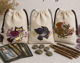 Tarot Taschen-Set 2–5 Leinenbeutel, Designs auswählen, kostenloser US-Versand, Runen- & Hexentaschen