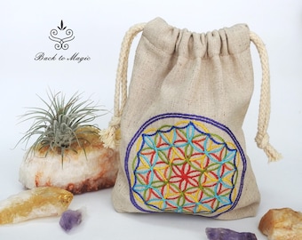 Embroidered bag. Flower of Life. Chakras. Healing crystal bag. Healers pouch. Positive vibes. Healing stones bag. Esoterics. Spirituality.