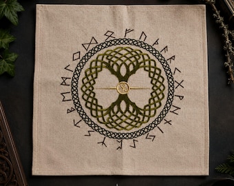 Yggdrasil Altar Cloth, Rune Reading Mat, Linen Tarot Mat, Norse Pagan Decor