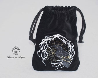 Embroidered Raven Tarot Bag, Celtic Runes, Velvet or Linen