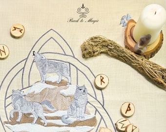 Embroidered Wolves Divination Cloth – Rune Altar, Pagan Witchcraft Decor (21–22 inches)
