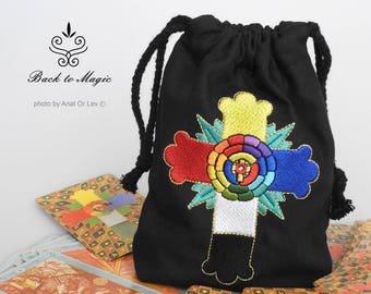 Embroidered Velvet Tarot Bag – Rosicrucian Cross, Occult Pouch