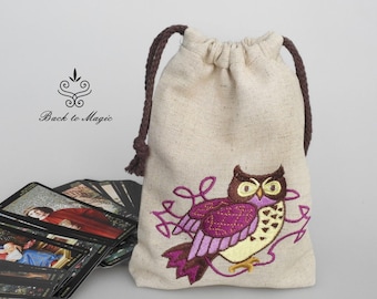Embroidered Linen Tarot Bag – Totem Animal Rune Pouch