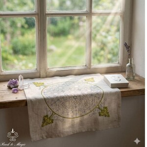 Linen Divination Cloth with Embroidery, Rune Casting Mat, Tarot Altar Cloth image 6