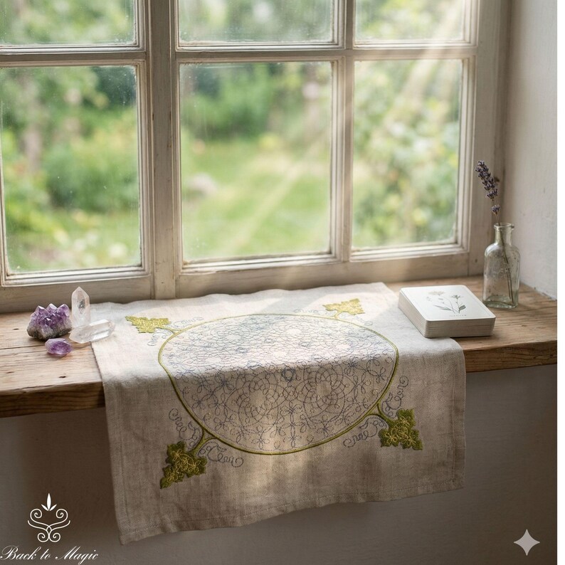 Linen Divination Cloth with Embroidery, Rune Casting Mat, Tarot Altar Cloth image 6