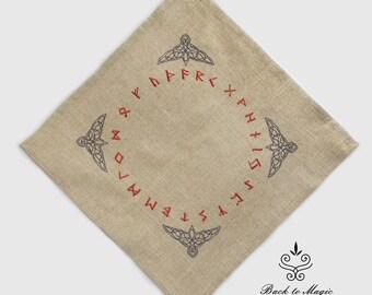 Rune casting cloth. Embroidered raven rune cloth. Elder Futhark. Celtic cloth. Divination cloth. Witchcraft. Asatru. Odinism. Galdor. Tarot