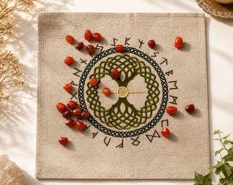 Yggdrasil Altar Cloth, Rune Reading Mat, Linen Tarot Mat, Norse Pagan Decor