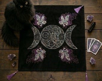 Black Tarot Cloth Embroidered Divination Mat Triple Moon Altar Cloth