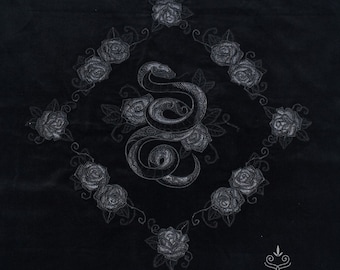 Gothic Velvet Altar Cloth, Snake Rose Embroidery, Lace Edge Tarot Cloth