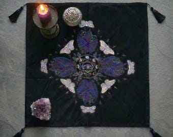 Embroidered Moth Altar Cloth, Tarot Reading Cloth, Moon Phase Divination Mat