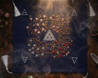 Navy Blue Altar Cloth Yggdrasil Embroidery Rune Casting Tarot Cloth 22 Inch