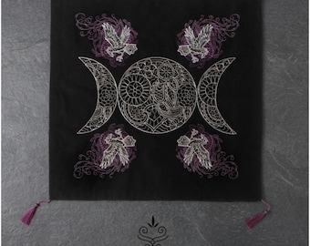 Black Tarot Cloth Embroidered Divination Mat Triple Moon Altar Cloth