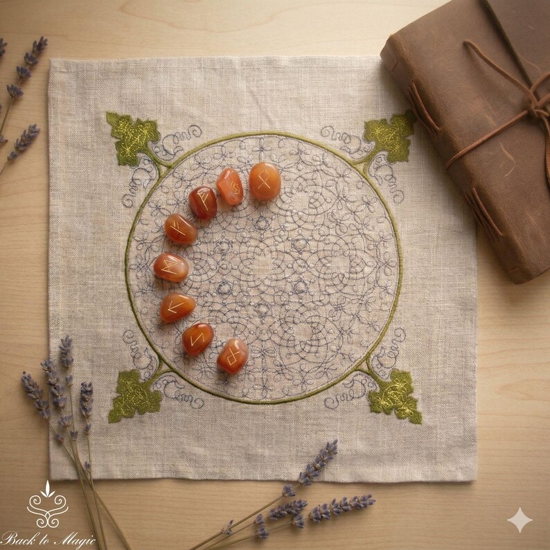 Linen Divination Cloth with Embroidery, Rune Casting Mat, Tarot Altar Cloth image 7