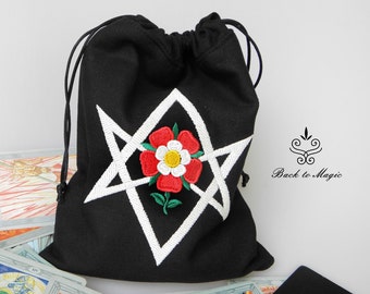 Embroidered Tarot Bag: Black Velvet Pouch, Hexagram & Rose Design