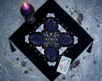 Embroidered Moth Altar Cloth, Tarot Reading Cloth, Moon Phase Divination Mat
