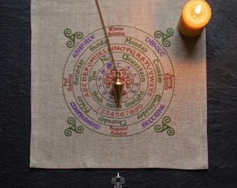 Embroidered Linen Pendulum Cloth, Ogham Wheel of the Year Divination Mat