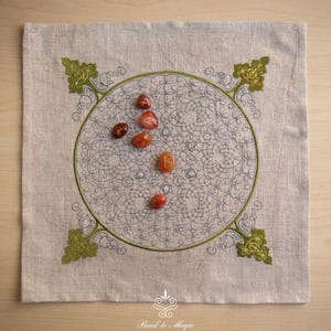 Linen Divination Cloth with Embroidery, Rune Casting Mat, Tarot Altar Cloth image 1