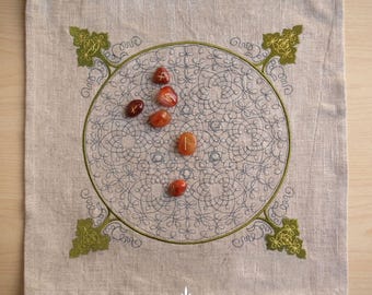 Linen Divination Cloth with Embroidery, Rune Casting Mat, Tarot Altar Cloth