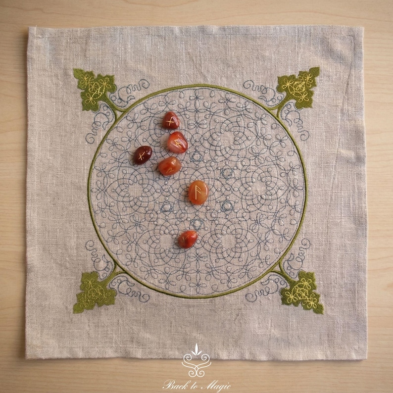 Linen Divination Cloth with Embroidery, Rune Casting Mat, Tarot Altar Cloth image 1