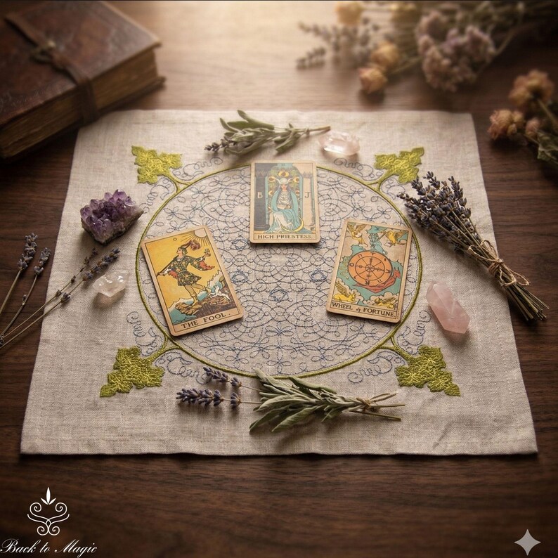 Linen Divination Cloth with Embroidery, Rune Casting Mat, Tarot Altar Cloth image 2