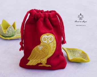 Embroidered Owl Velvet Tarot Bag, Large Pouch for Cards and Runes
