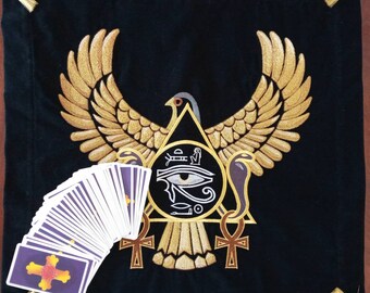 Embroidered Egyptian Tarot Altar Cloth – Black Cotton Velour, Eye of Horus Design