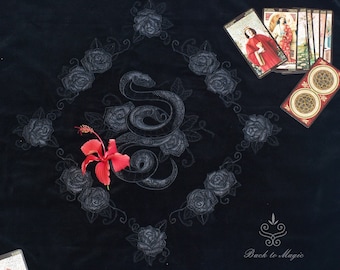 Gothic Velvet Altar Cloth | Snake Roses Embroidery, Tarot Divination (70x70 cm)