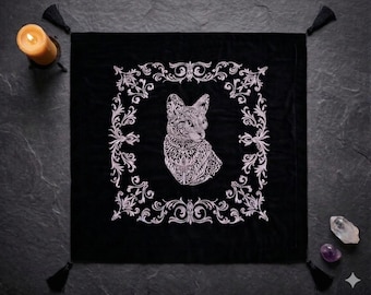 Mystical Cat Tarot Cloth, Black Velvet Altar Cloth, Embroidered Divination Mat