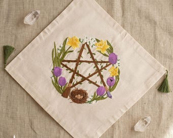 Ostara Altar Cloth Cotton with Pentagram Embroidery, Wiccan Spring Ritual Table Cover