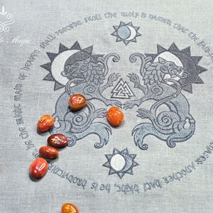 Norse Altar Cloth with Sköll and Hati, Sun and Moon – Embroidered Linen or Cotton with Lining