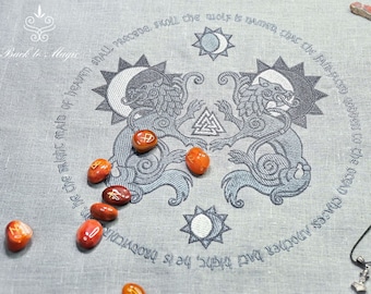 Norse Altar Cloth with Sköll and Hati, Sun and Moon – Embroidered Linen or Cotton with Lining