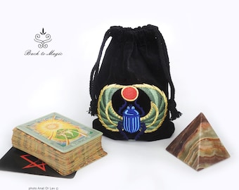 Embroidered Velvet Tarot Bag with Scarab, Ancient Egypt Esoteric Pouch
