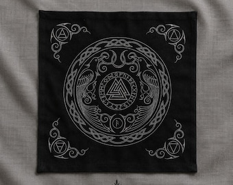 Black Cotton Rune Casting Cloth, Embroidered Odin Ravens Valknut Altar Cloth