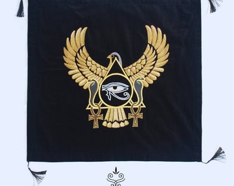 Besticktes Tarot Weissagungstuch Schwarzes Baumwoll-Velourtuch ägyptischer Stil Udjat 70 cm ca. Hexerei Okkultismus Auge des Horus