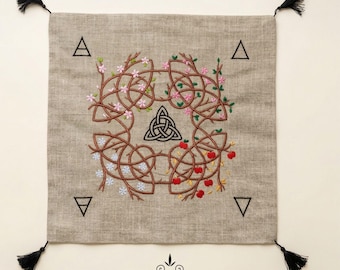 Yggdrasil Embroidered Linen Altar Cloth: Triquetra Tarot Pagan Ritual Divination Mat