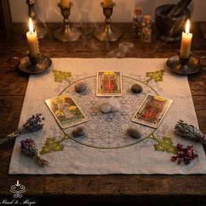 Linen Divination Cloth with Embroidery, Rune Casting Mat, Tarot Altar Cloth image 3