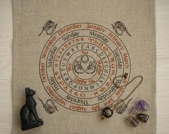 Embroidered Linen Pendulum Cloth, Bastet Egyptian Cat Divination Board