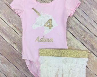 Gymnastics Leotard Outfit Personalized Unicorn birthday Gold Pink