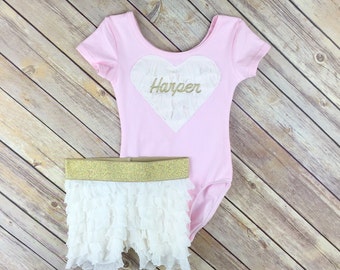 Gymnastics Leotard Outfit Personalized Birthday Gold Pink Heart