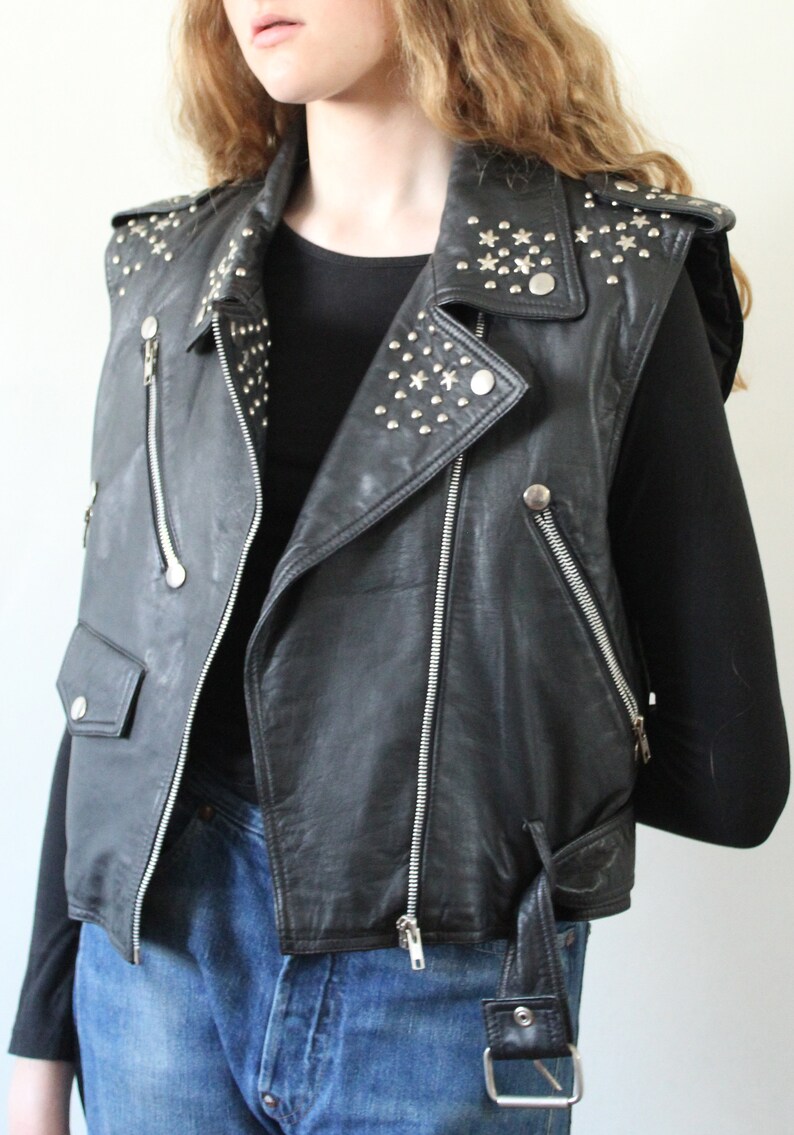 80s black studded leather British biker waistcoat