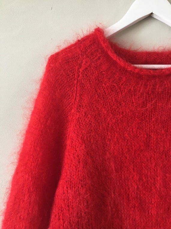 Red vintage handknitted mohair smock jumper M