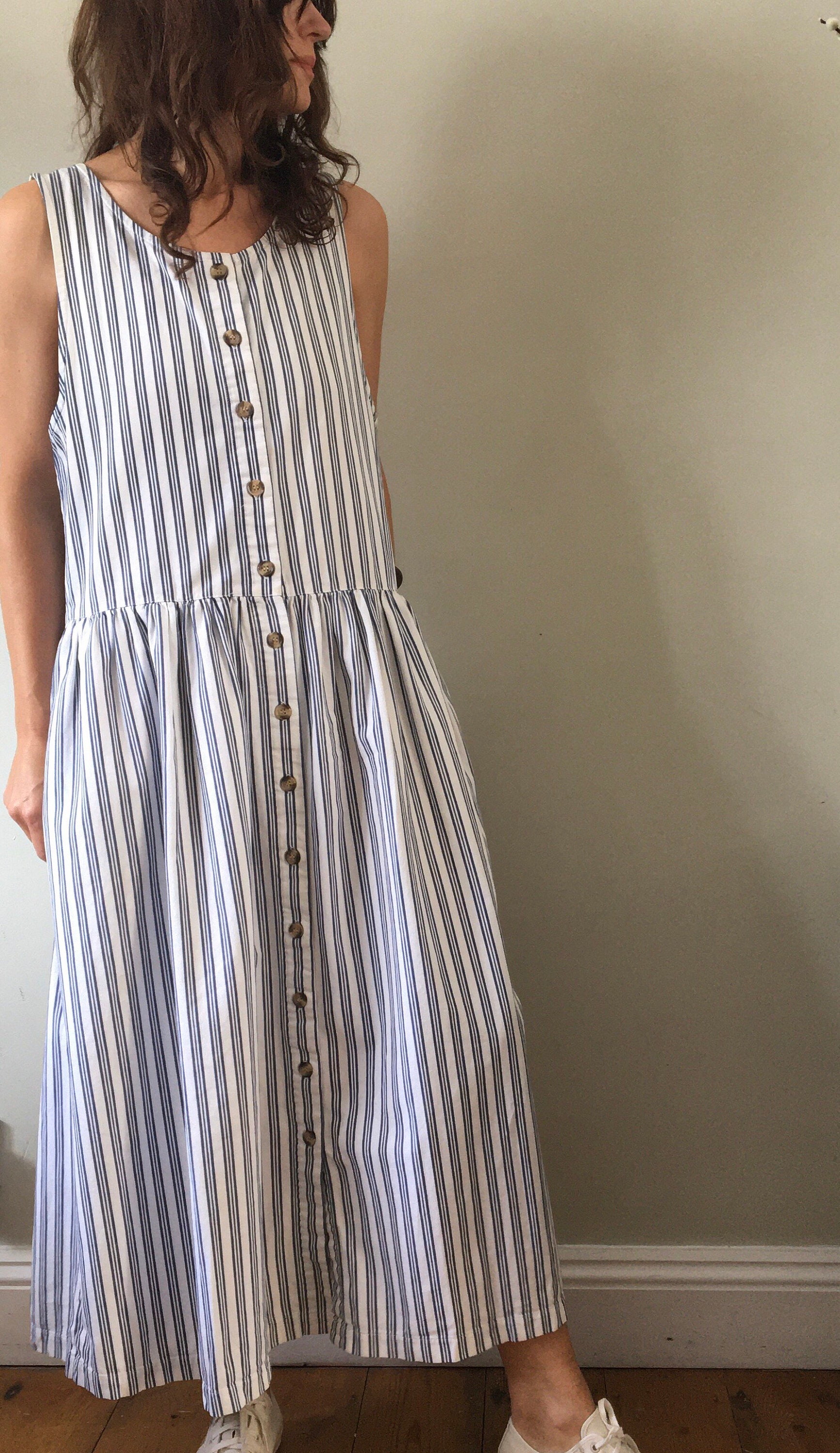 Blue and white ticking stripe vintage full button smock dress | Etsy