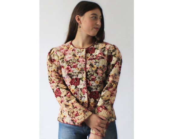 Vintage 80s romantic floral cord cropped puff shou