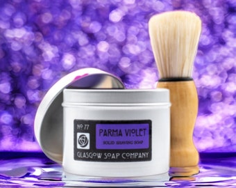 PARMA VIOLET Traditional Shaving Soap, available with or without brush. Handmade in Scotland by Glasgow Soap Company