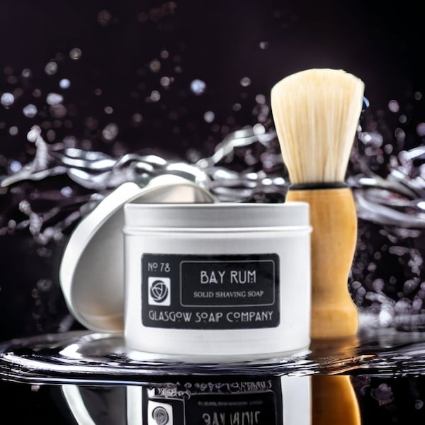 BAY RUM Traditional Shaving Soap, available with or without brush. Handmade in Scotland by Glasgow Soap Company