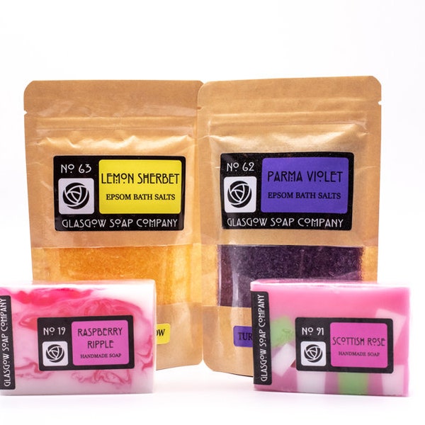MIX & MATCH 4 for 15 Pounds Special Offer across our lip balms, epsom bath salts and handmade soap slices. Handmade in Glasgow Scotland