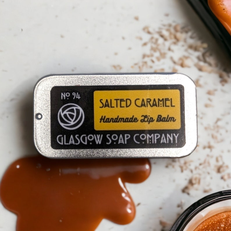 SALTED CARAMEL Lip Balm, Scottish Halloween Gift, Handmade by Glasgow Soap Company zdjęcie 3